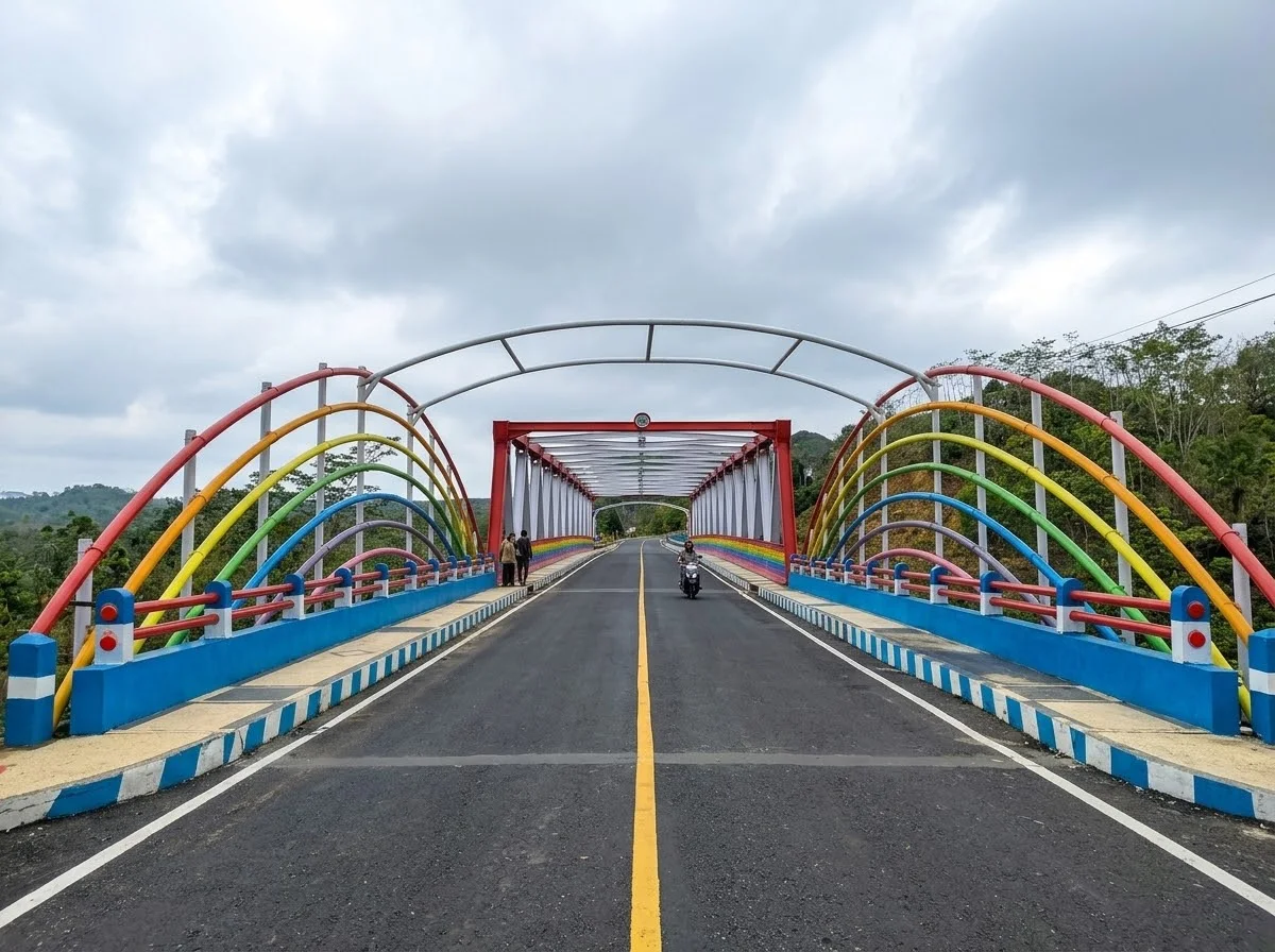 Jembatan Pelangi di Desa Srigonco, Kecamatan Bantur, Kabupaten Malang, tampil dengan warna-warni di tengah panorama perbukitan dan menjadi salah satu akses menuju kawasan wisata pantai Malang Selatan