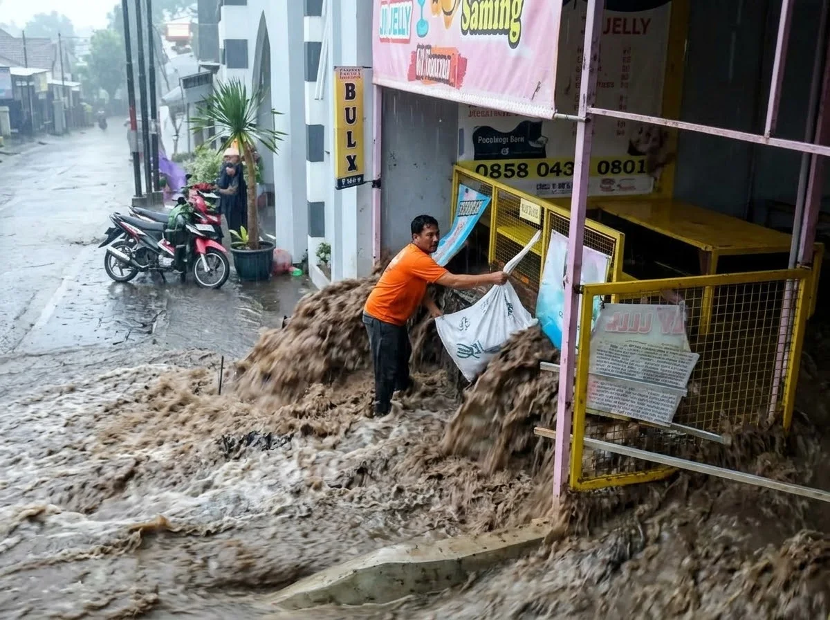 Banjir luapan menggenangi sejumlah ruas jalan di Kota Batu, Rabu (28/10/2026), setelah hujan deras mengguyur wilayah tersebut